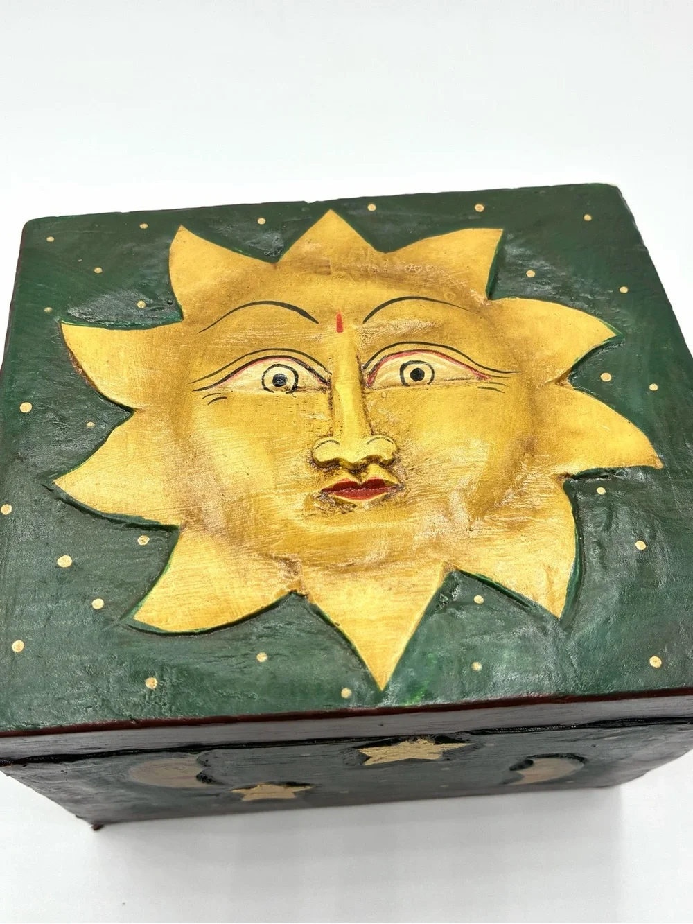 Vintage Folk Art Celestial Sun Moon Yin Yang Wooden Trinket Box